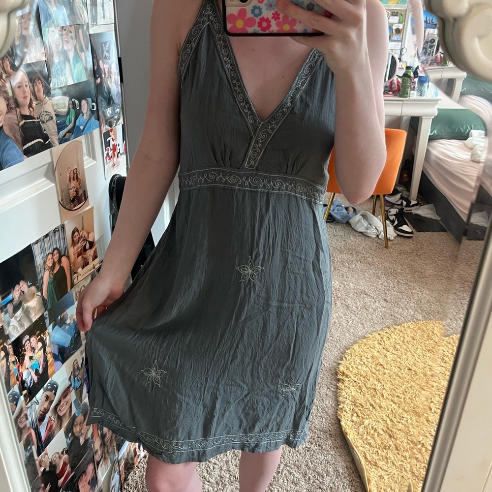 dark grey dress with silver flowers